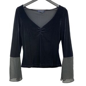 Boston Proper Black Velvet Top Sheer Mesh Bell Sleeve Small Whimsigoth Babydoll